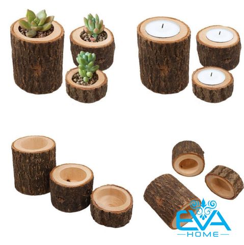  Set 5 Khúc Gỗ Đựng Nến Tealight Holder Tree Bark Candle Độc Đáo Trang Trí Bàn Tiệc / Sinh Nhật / Giáng Sinh 