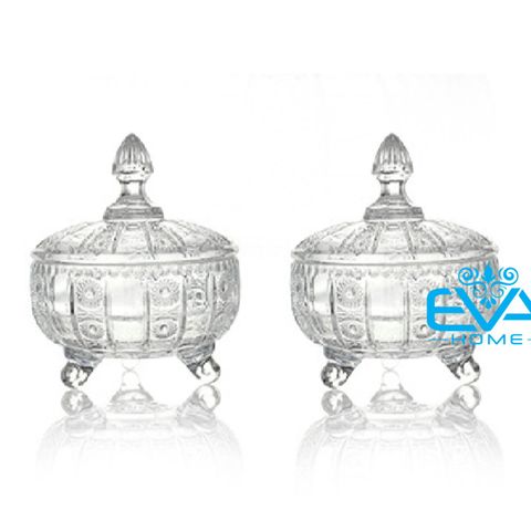  Set 2 Thố Mứt Tết Delisoga Pha Lê 3 Chân Họa Tiết Hoa Nổi Nhỏ Flower Engraved Glass Candy Jar T15 