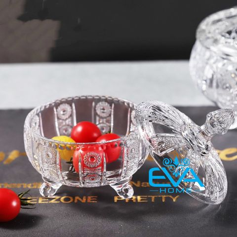  Thố Mứt Thuỷ Tinh Pha Lê 3 Chân Hoạ Tiết Hoa Nổi Nhỏ Flower Engraved Glass Candy Jar Sang Trọng / Thố Mứt Tết Delisoga Tiệp T15 