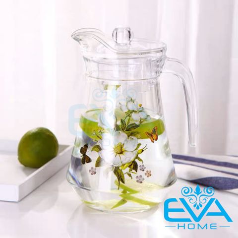  Bình Đựng Nước Thuỷ Tinh 1.3L Miệng Rót Dáng Eo In Hoạ Tiết Có Quai Cầm EH1002-1E Floral Pattern Glass Jug 1300ML 