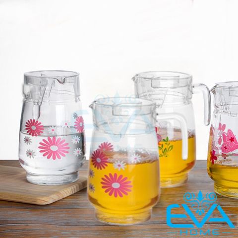  Bình Thuỷ Tinh Đựng Nước 1.6L Quai Cầm Miệng Rót Bầu In Hoạ Tiết DDH-1E Floral Pattern Glass Pitcher Tivoli Jug 1600 ML 