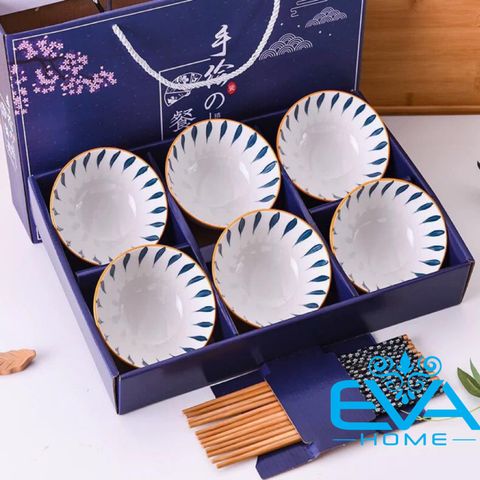  Bộ 6 Chén Sứ Hoạ Tiết Hoa Văn Navy Style Kèm 6 Đôi Đũa Tre Cao Cấp 