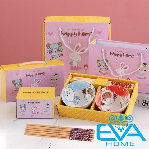  Bộ 6 Chén Sứ Hoạ Tiết Hình Thú Kawaii Phong Cách Nhật Tặng Kèm 6 Đôi Đũa Tre Cao Cấp 