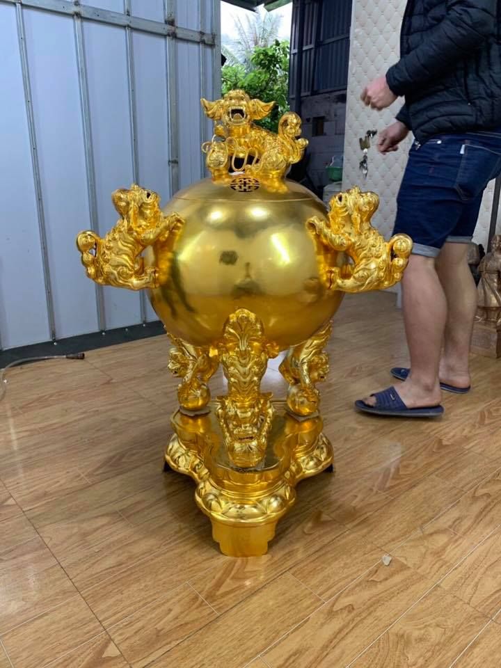 Đỉnh đồng đỏ thất lân vờn cầu 1m2 100kg thếp vàng
