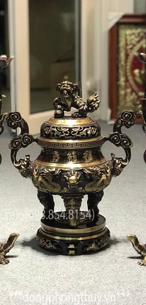 Bộ ngũ sự đỉnh đồng song long châu nguyệt 40cm tím đậm