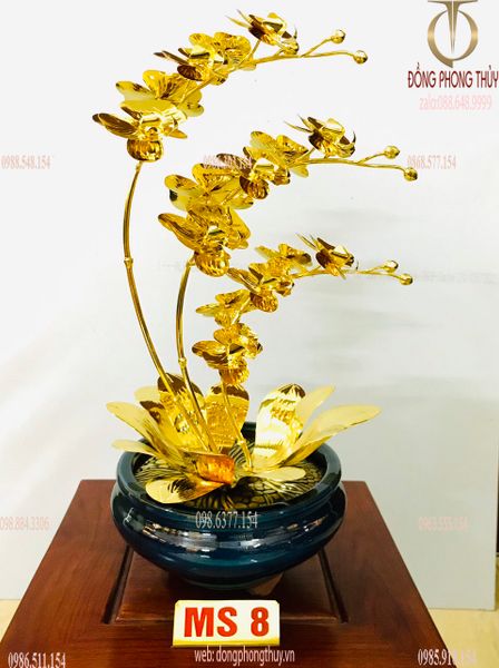 Chậu hoa lan hồ điệp bằng đồng mạ vàng 24k 3 cành cao 48cm ms8