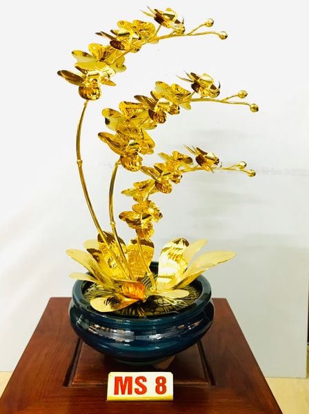 Chậu hoa lan hồ điệp bằng đồng mạ vàng 24k 3 cành cao 48cm ms8