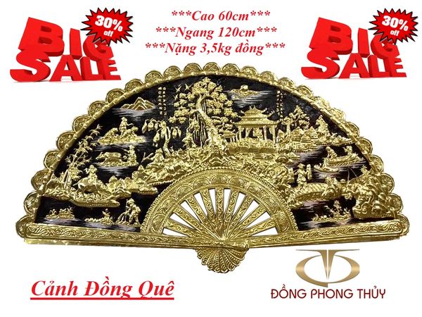 Tranh Quạt Đồng Quê bằng đồng 60cm*1m2 nền đen