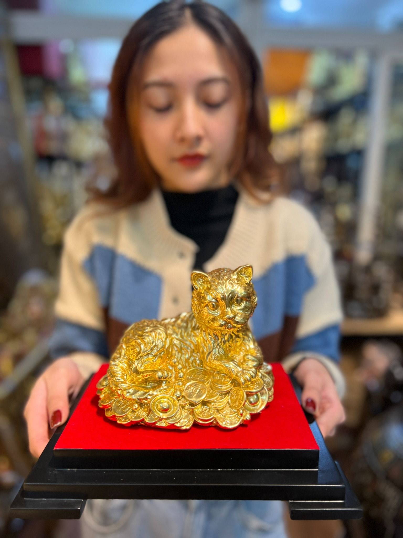 Tượng mèo dát vàng 24k cao 12,5cm