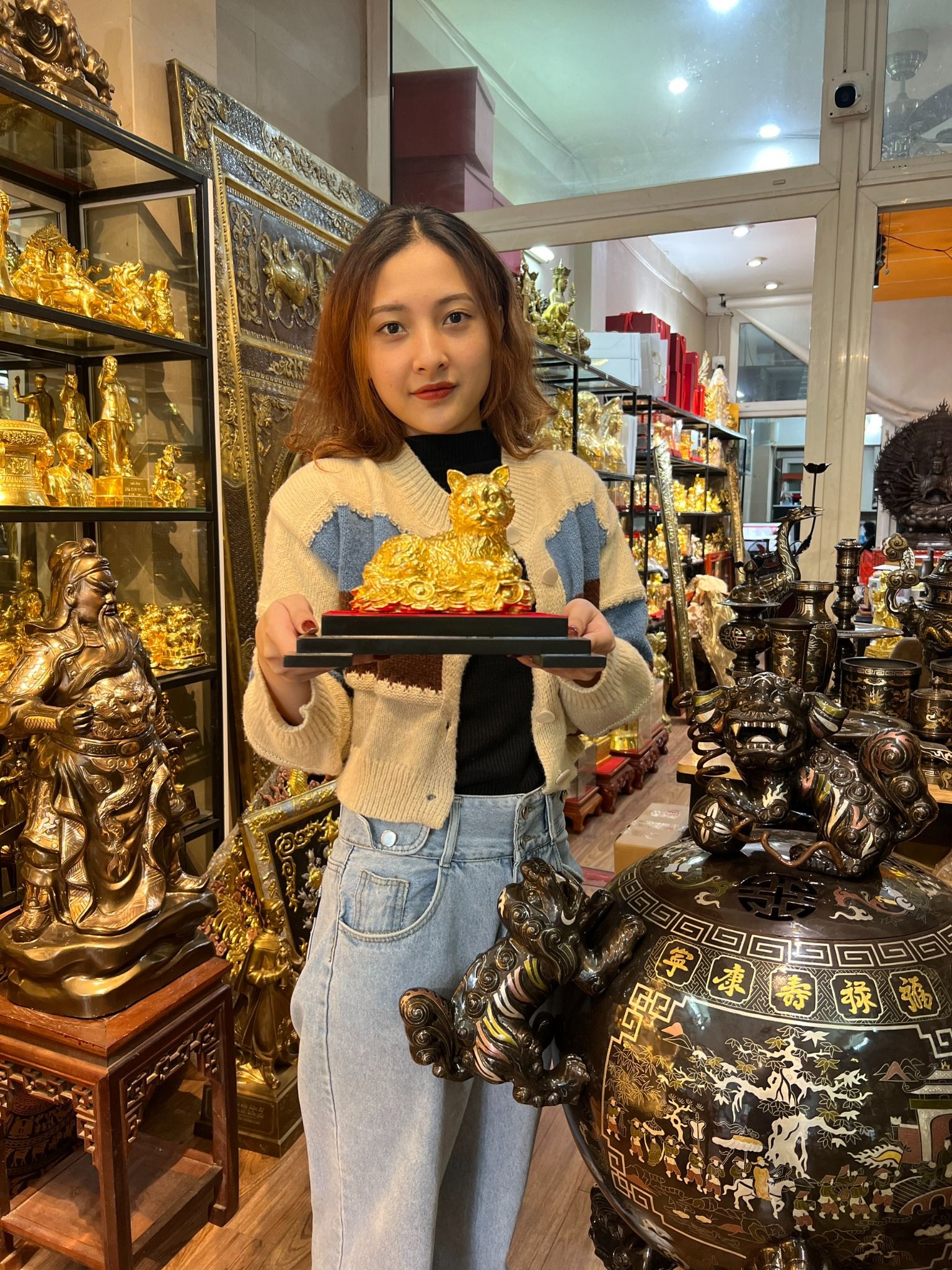 Tượng mèo dát vàng 24k cao 12,5cm