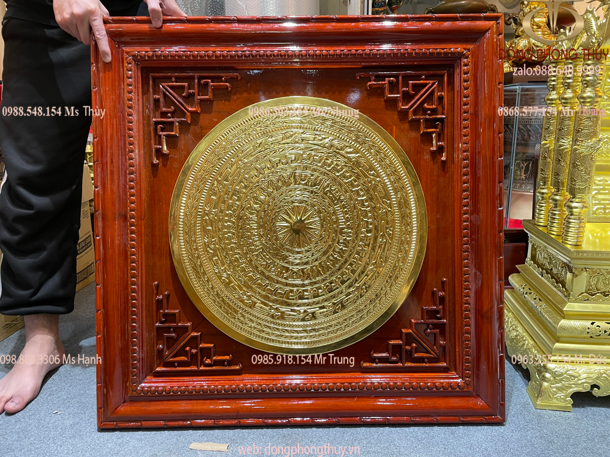 Mặt trống đồng Đông Sơn 50cm bằng đồng đỏ dát vàng 24k