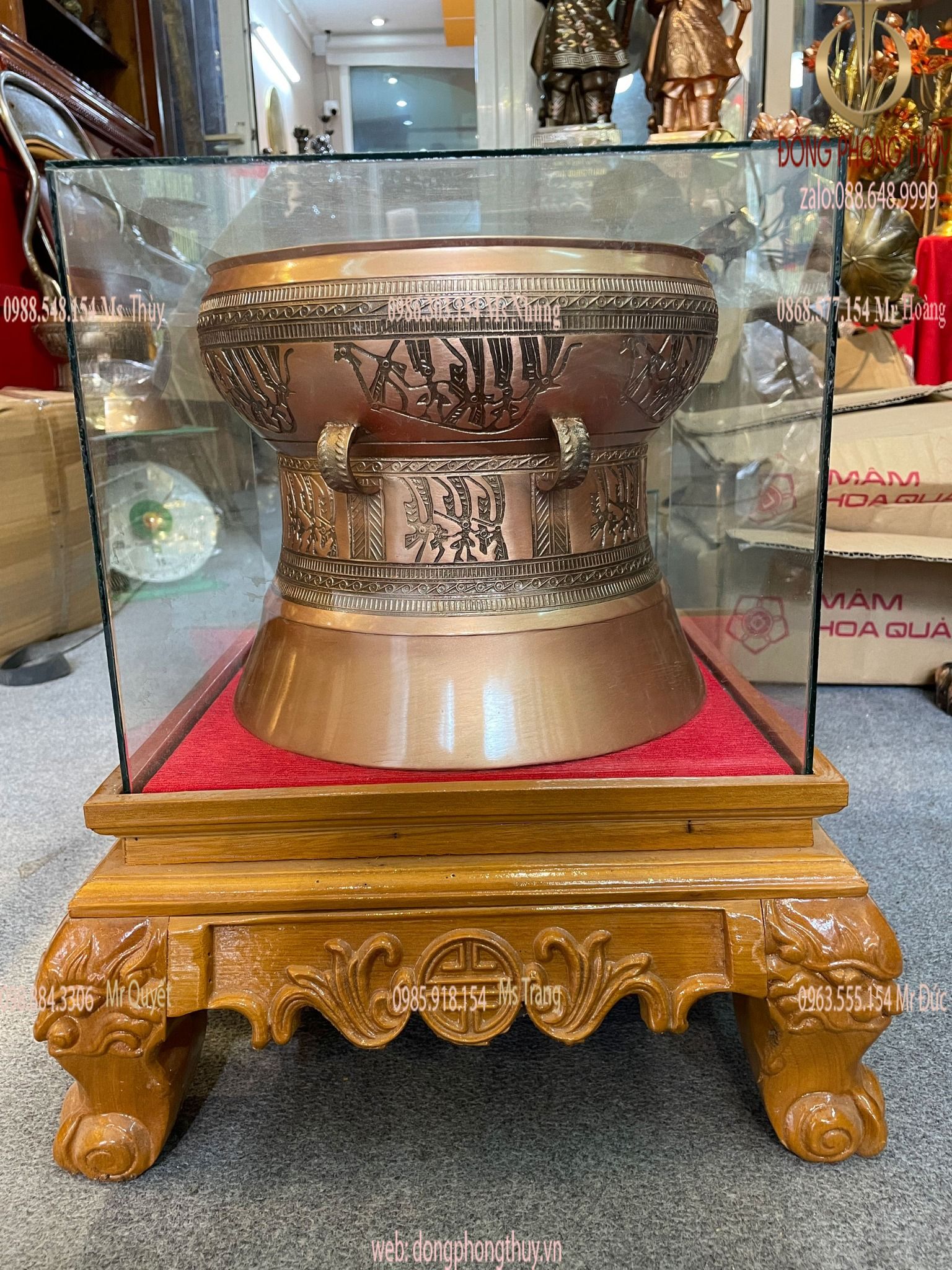 Trống Đồng Đông Sơn 25k bằng đồng đỏ hoa văn trìm