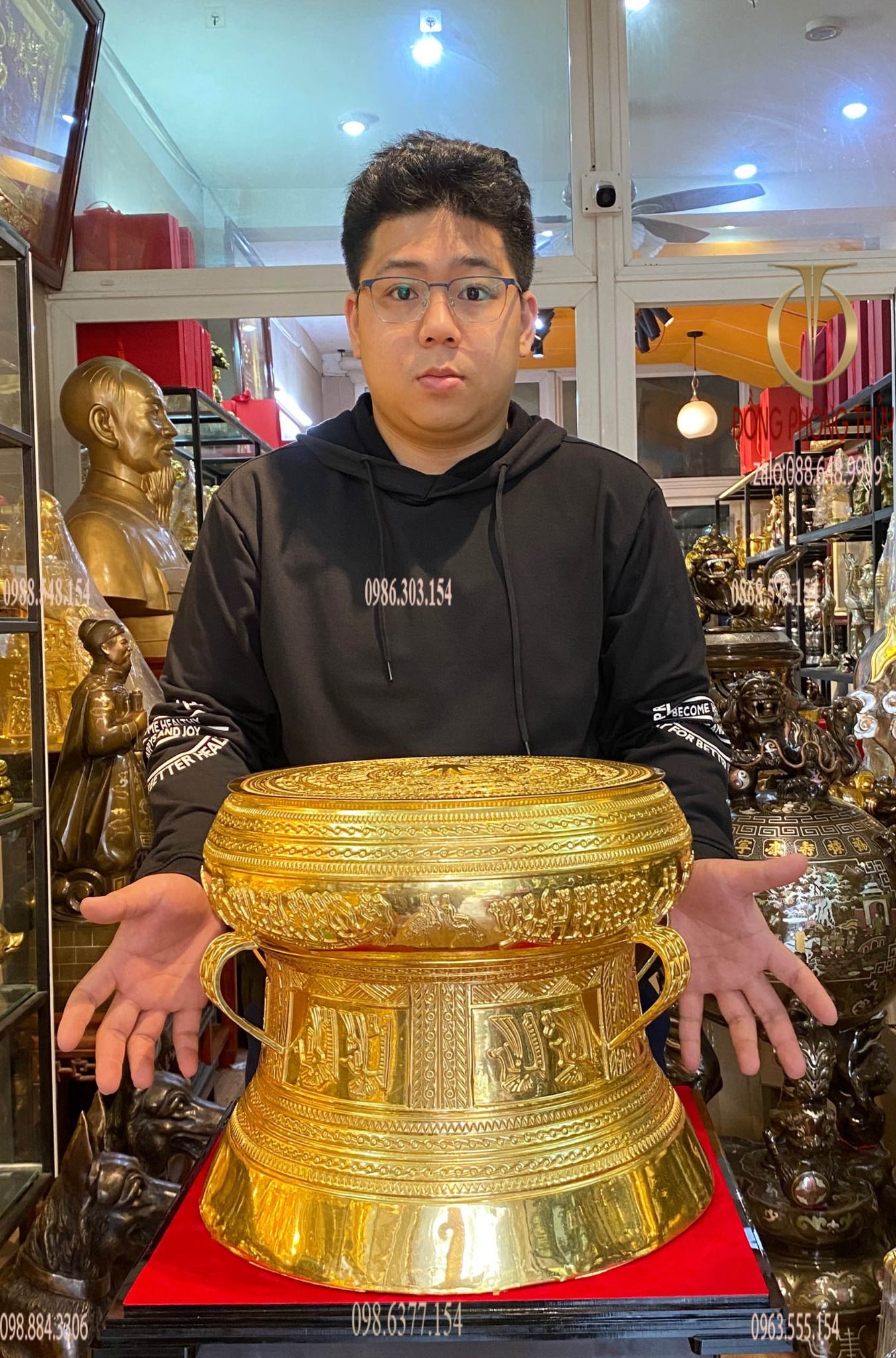 Trống đồng 40cm dát vàng 24k