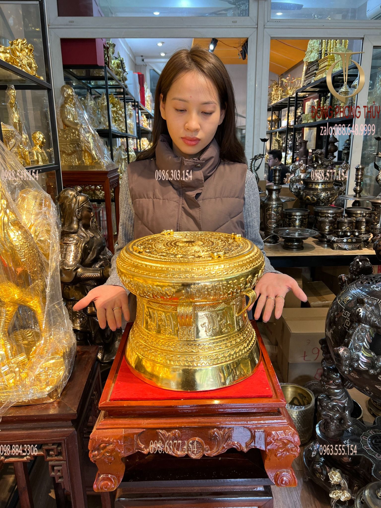 Trống đồng đông sơn 30cm dát vàng 24k