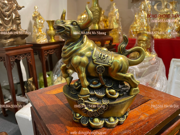 tượng trâu vàng phong thủy bằng đồng dáng đứng thỏi vàng cao 21cm dài 17cm nặng 2kg