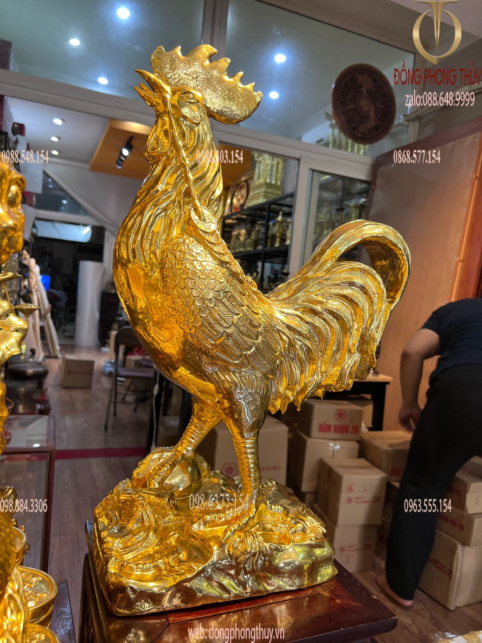 Tượng gà 65cm phong thủy bằng đồng dát vàng 24k
