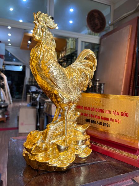 Tượng gà phong thủy như ý bằng đồng dát vàng 24k