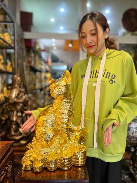 Tượng mèo mạ vàng 24k bằng đồng cao 45cm