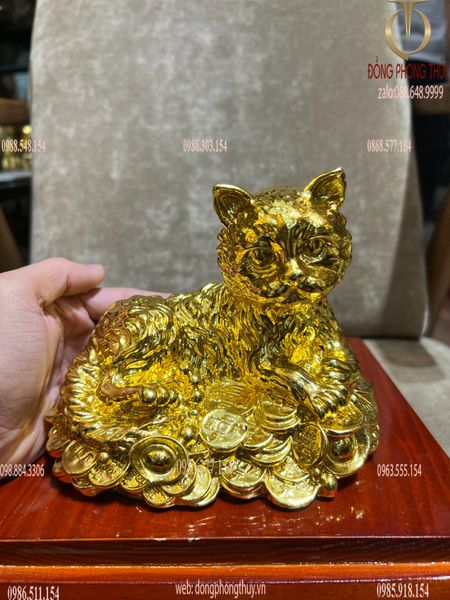 Tượng mèo phong thủy nằm 12cm bằng đồng dát vàng công nghiệp