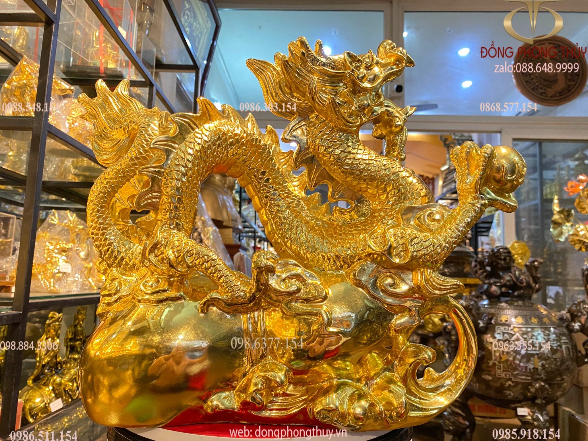Tượng rồng mạ vàng 24k cưỡi hồ lô