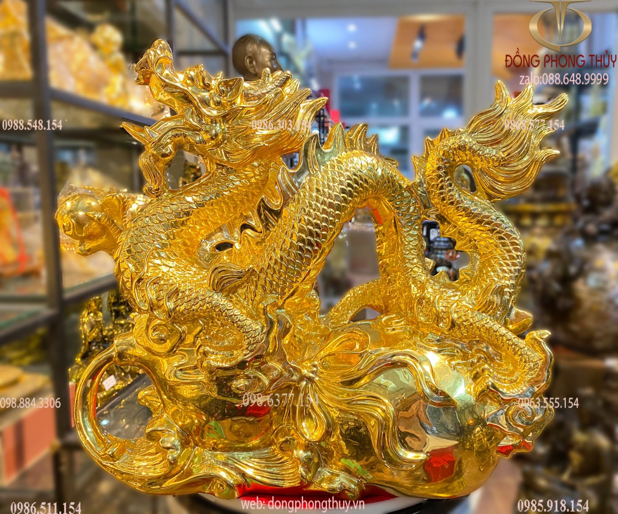 Tượng rồng mạ vàng 24k cưỡi hồ lô