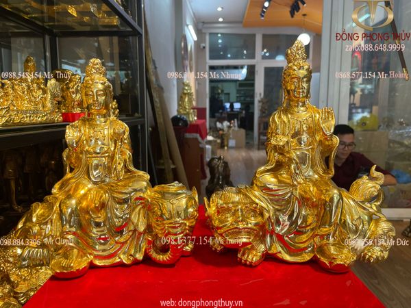 Tượng Văn thù sư lợi + tượng phổ hiền dát vàng 24k