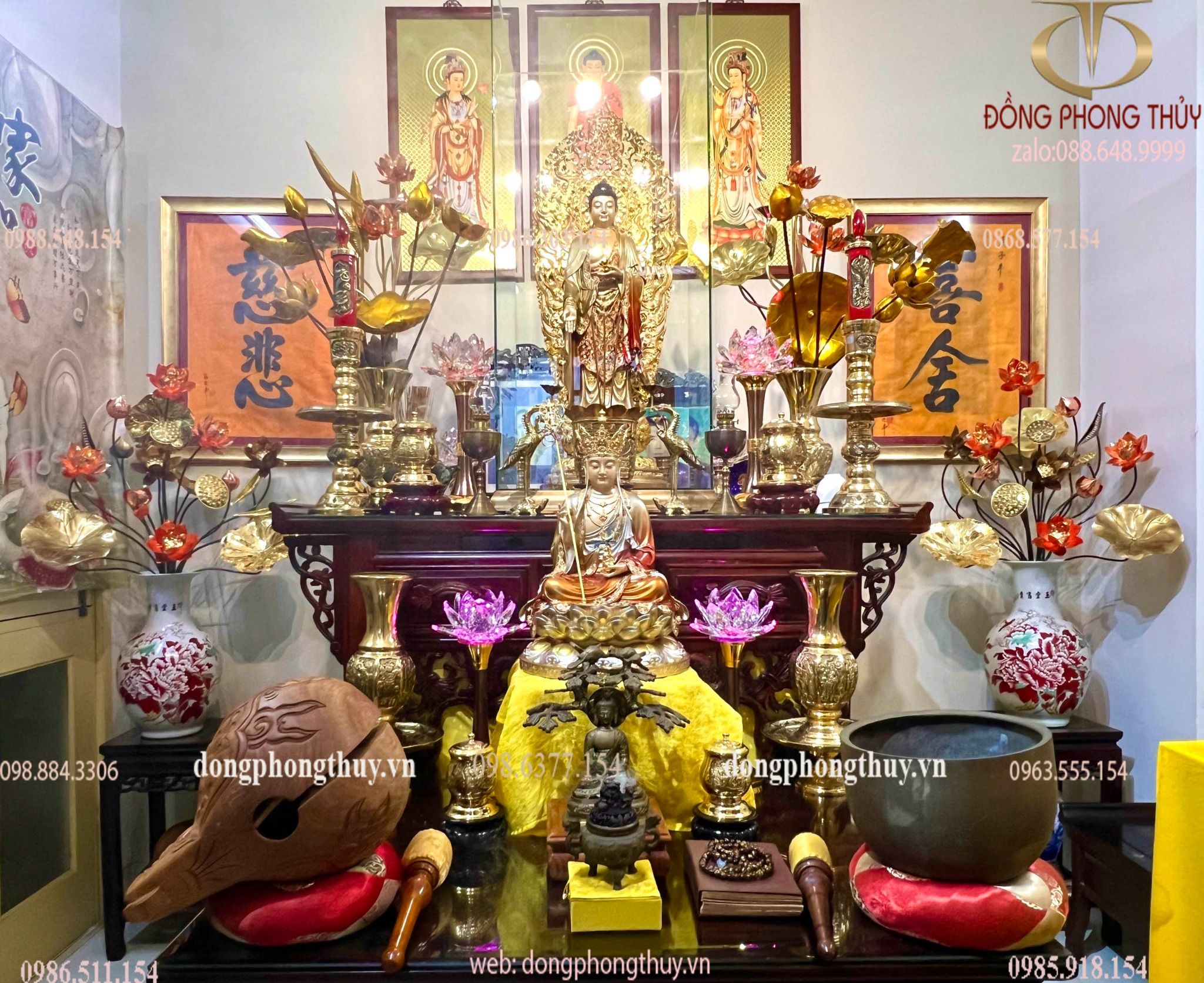 Tượng A Di Đà bằng đồng dát vàng vẽ gấm cao cấp Cao đến đầu 68 đến lá đề 88 ngang đế 28 sâu 28 nặng 20,5kg