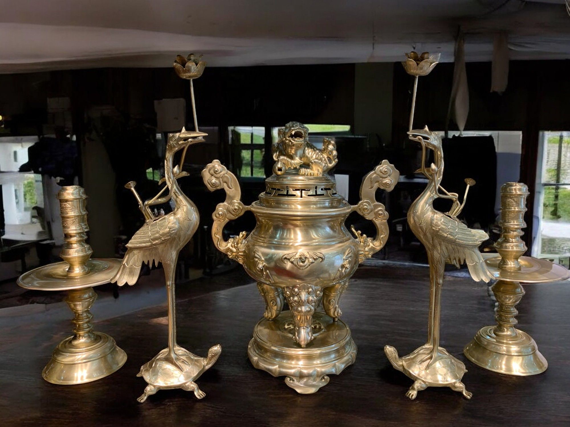 Bộ đỉnh đồng thờ Ngũ sự dơi cao 60cm nặng 33kg cát tút