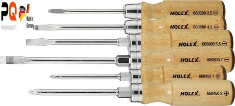  Bộ tua vít cùng tay cầm bằng gỗ, 6 mẫu, khe đầu và Phillips 4/2 (Screwdriver set, with wooden handle, 6-piece Slot-head and Phillips 4/2). Code: 3.04.400.0355 | www.thietbinhapkhau.com | Công ty PQ 