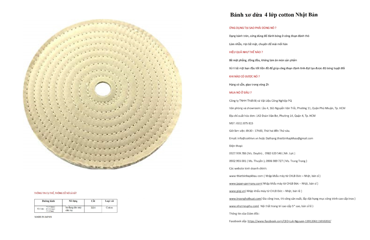 Bánh xơ dừa NHẬT BẢN 4 lớp cotton Đường kính 125 mm, dùng cho máy cầm tay. Mã code  3.10.200.0105