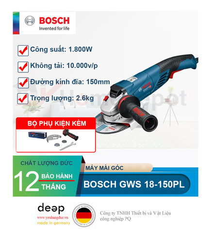  Máy mài góc Bosch GWS 18-150 PL   Piqi4 | Www.Thietbinhapkhau.Com | Công Ty PQ 