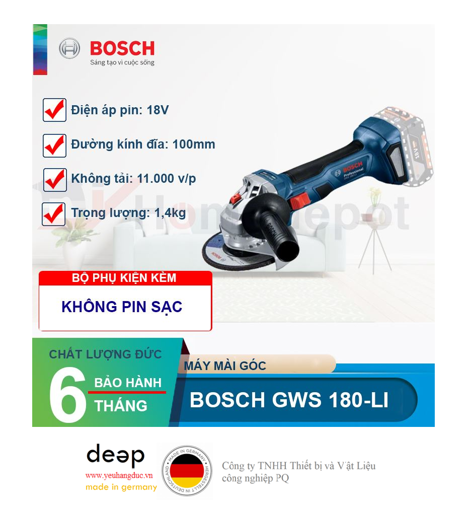 Máy Mài Góc Bosch GWS 180-LI (Solo)   Piqi4 | Www.Thietbinhapkhau.Com | Công Ty PQ 