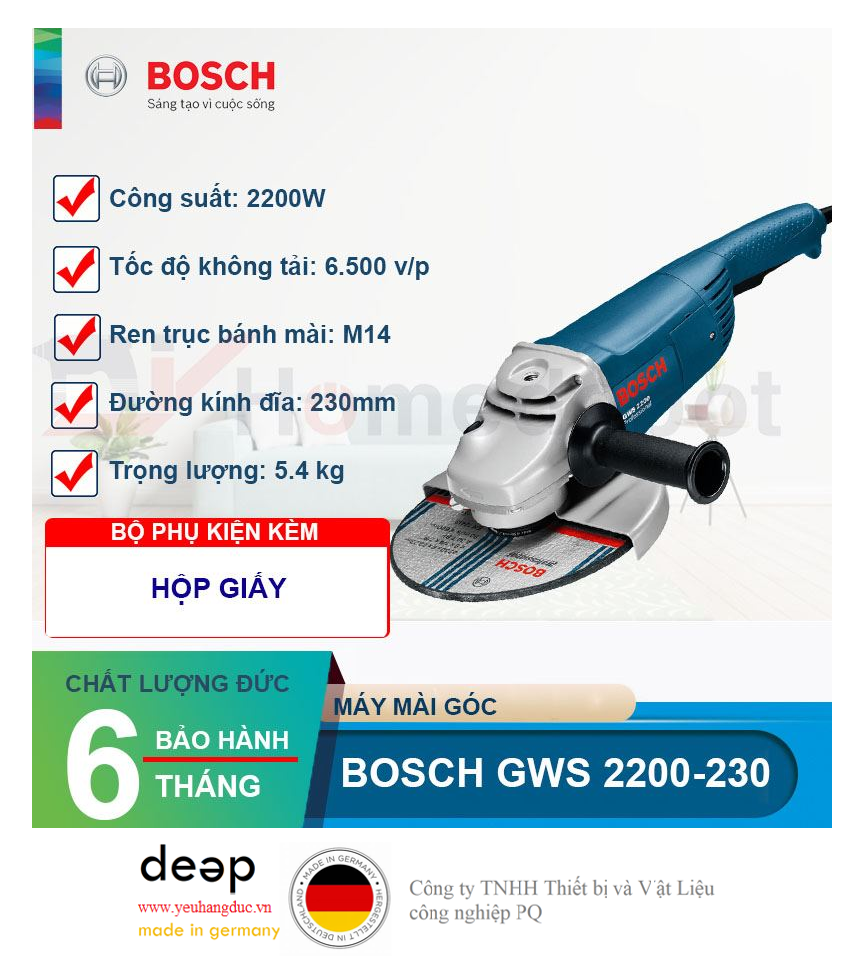 Máy mài góc Bosch GWS 2200-230  Piqi4 | Www.Thietbinhapkhau.Com | Công Ty PQ 