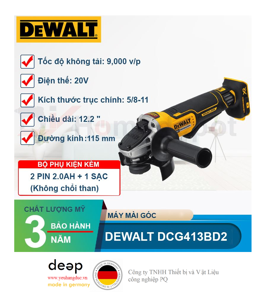 Máy mài góc dùng pin Dewalt DCG413BD2 20V   Piqi4 | Www.Thietbinhapkhau.Com | Công Ty PQ 