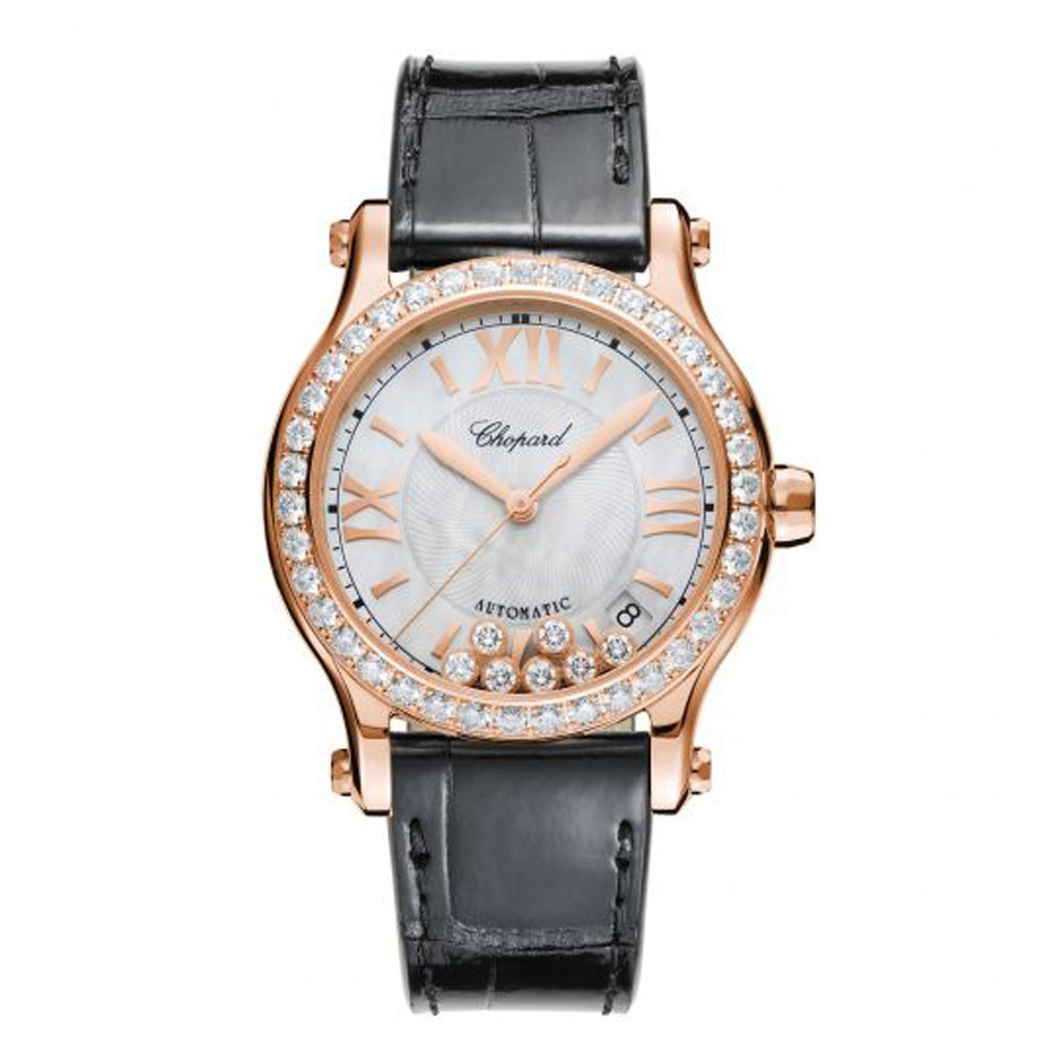 Chopard Happy Sport Automatic Diamond Rose Gold Black Leather Strap MOP 36mm