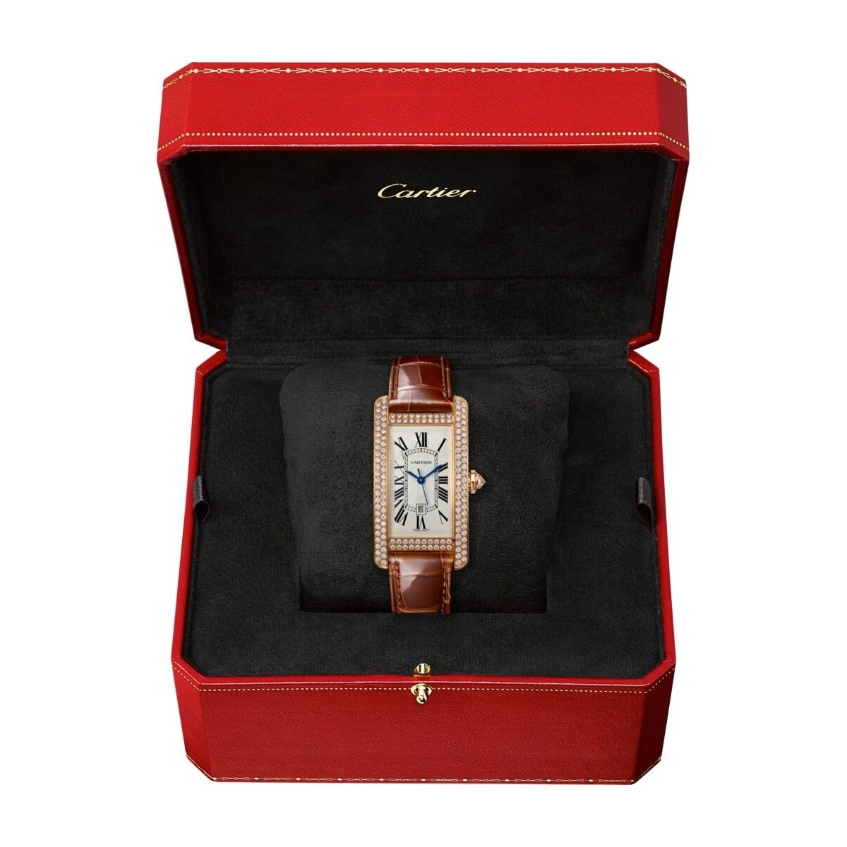 Cartier Tank Américaine Medium Model Pink Gold Leather Diamonds