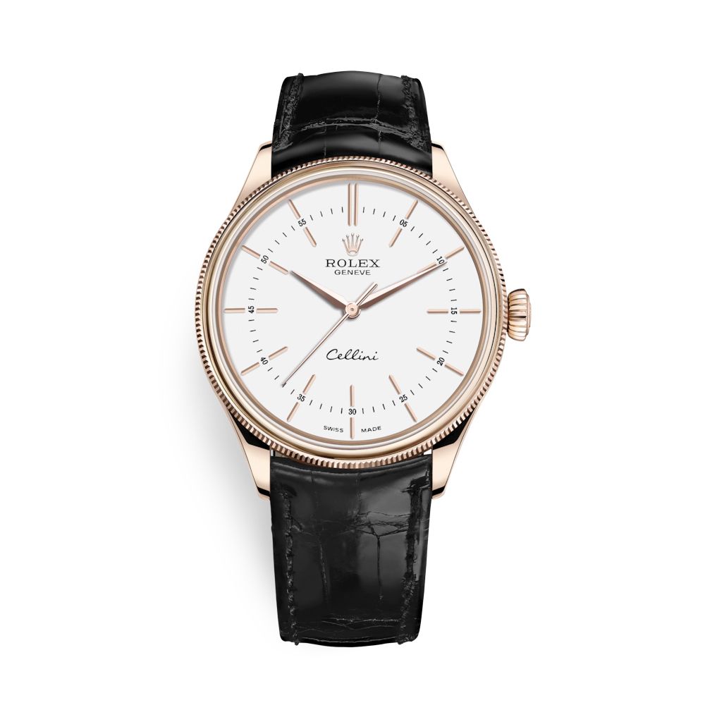 Rolex Cellini Time 39mm Rose Gold White Black Strap 50505-0021