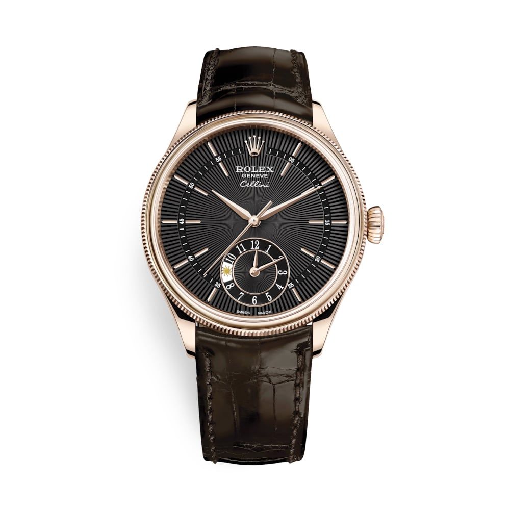 Rolex Cellini Dual Time 39mm Rose Gold Black Brown 50525-0010