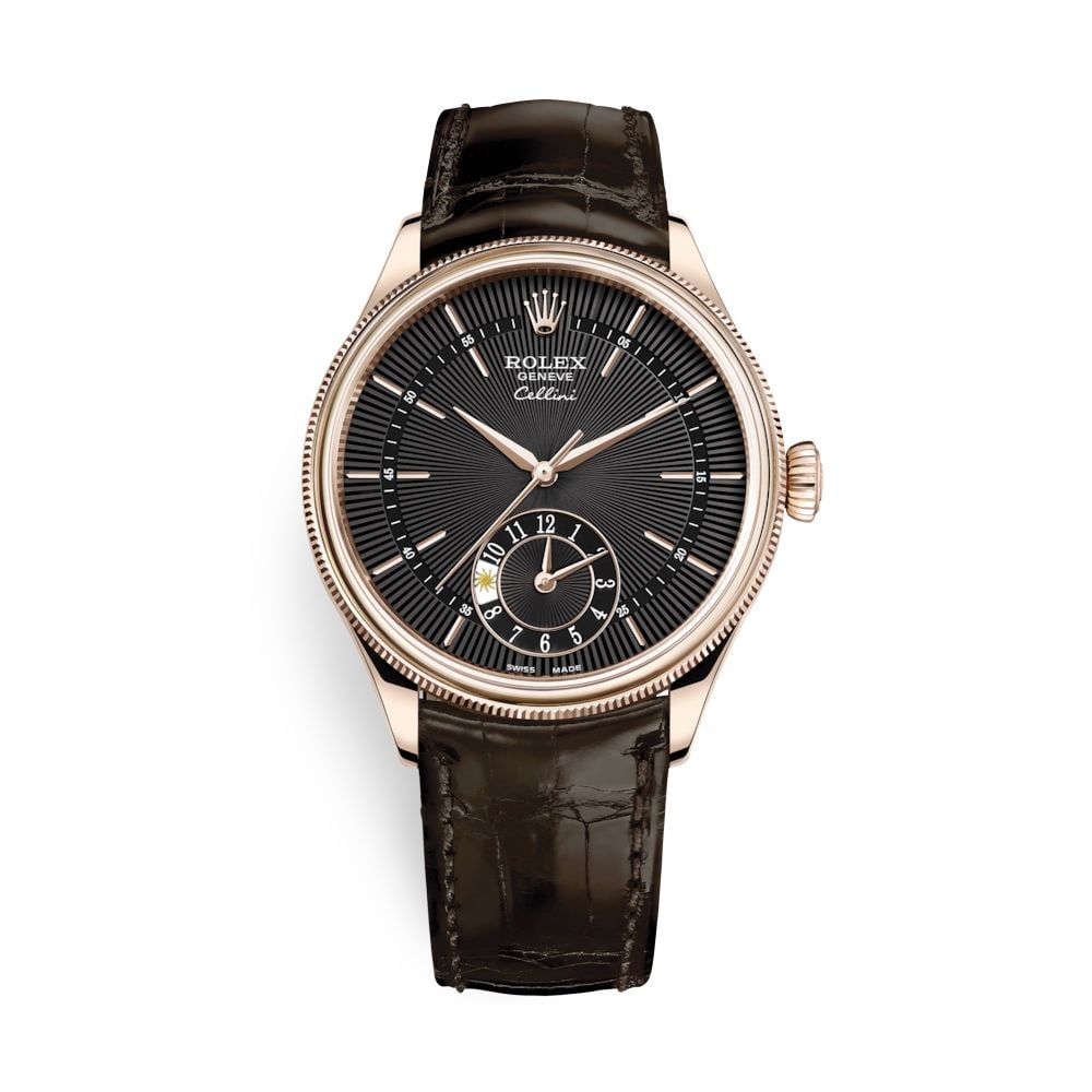 Rolex Cellini Dual Time 39mm Rose Gold Black Brown 50525-0010