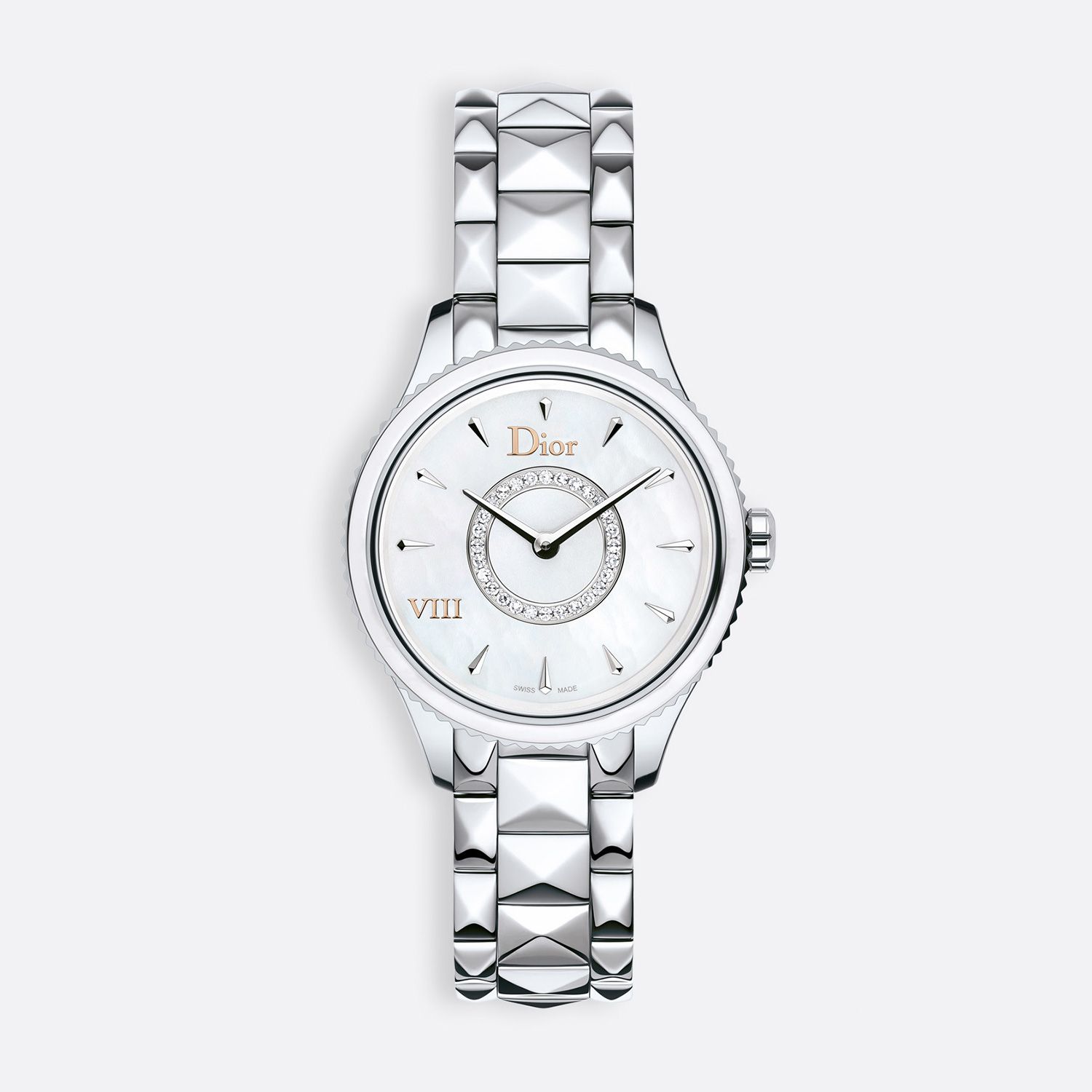 Đồng hồ nữ Dior VIII Montaigne Diamonds Steel Bracelet White Dial Ø 25mm
