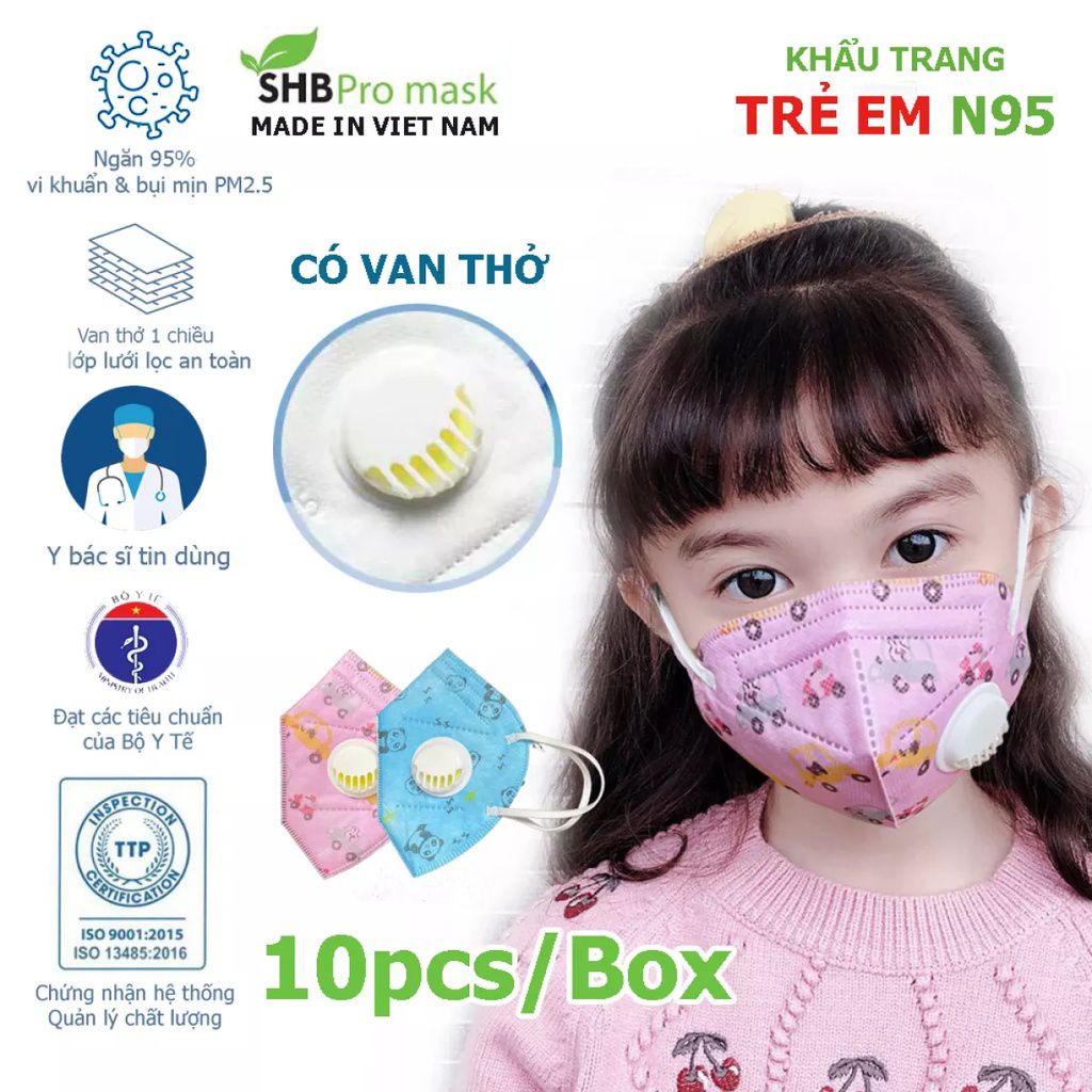 Khẩu trang y tế 4 lớp trẻ em N95-SHBMASK Có Van Kid hộp 10 cái