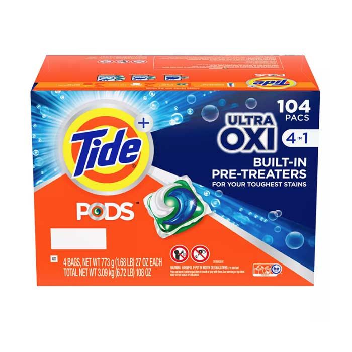 Viên giặt Tide Pods Ultra Oxi 4in1 hộp 104 viên của Mỹ (Bình hoặc thùng 4 gói x 26 viên)
