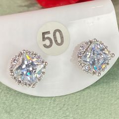 Bông tai bạc số 50, đá CZ Moissanite 7mm, bạc ý xi kim