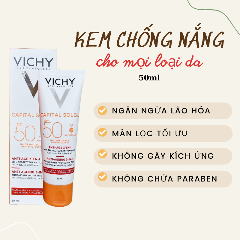 VICHY KEM CHỐNG NẮNG ANTI AGEING 3IN1 CHỐNG LÃO HÓA SỌC ĐỎ 50ML