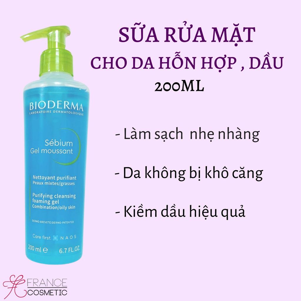 BIODERMA GEL RỬA MẶT DA HỖN HỢP-DẦU SEBIUM 200ML