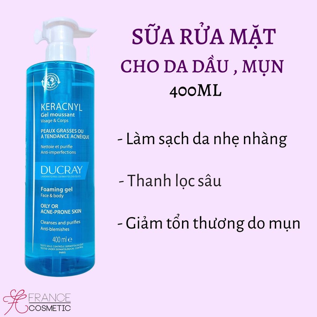 DUCRAY GEL RỬA MẶT CHO DA DẦU MỤN KERACNYL 400ML