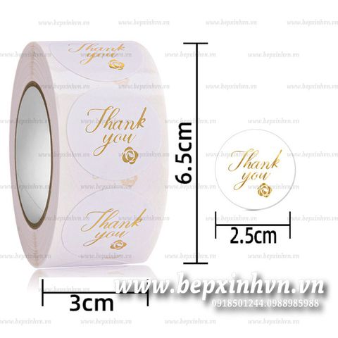 Cuộn 500 tem dán sticker Thank you nhũ vàng