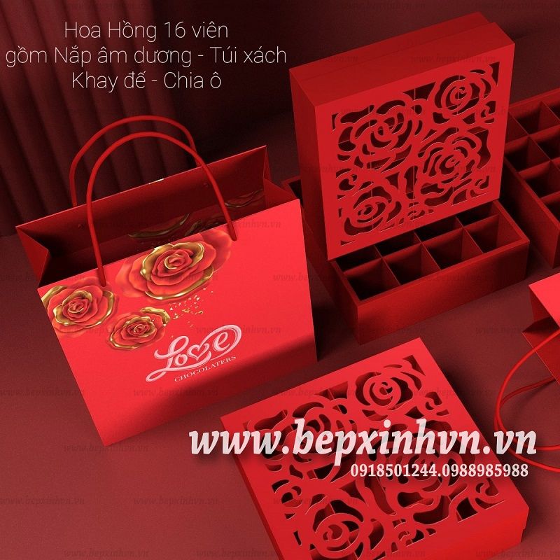 Bộ túi hộp socola Hoa Hồng (16 ô)
