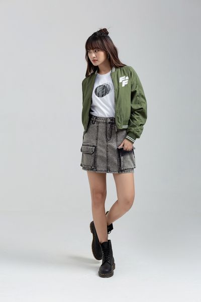 Áo Khoác Nữ Bomber Dù Bo Sọc Thêu Logo FF WOP 2027