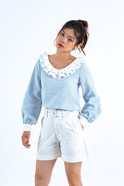 Áo Kiểu Sơ Mi Nữ Cổ Tim Phối Bèo WSH 4009